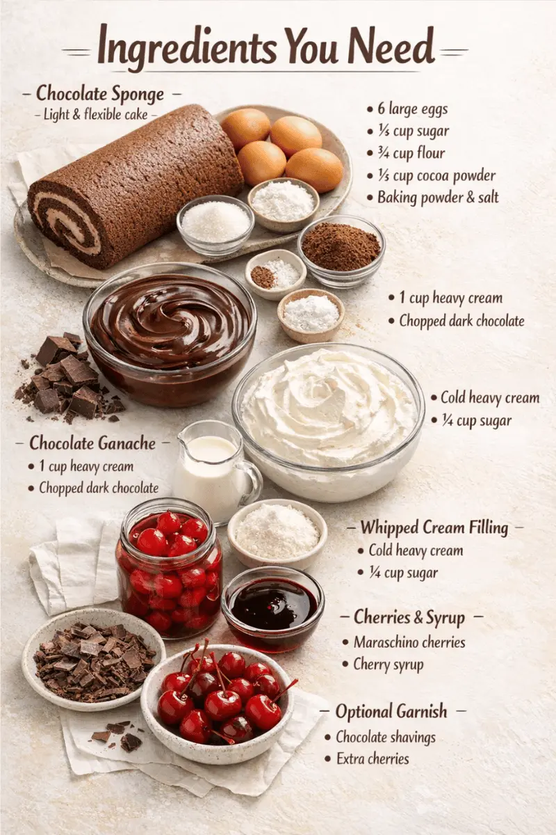 Vertical Black Forest Swiss Roll Ingredients Vertical Black Forest Swiss Roll ingredients