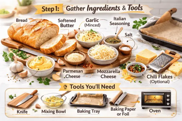 Cheesy Garlic Bread Step 1 Cheesy garlic bread step 1